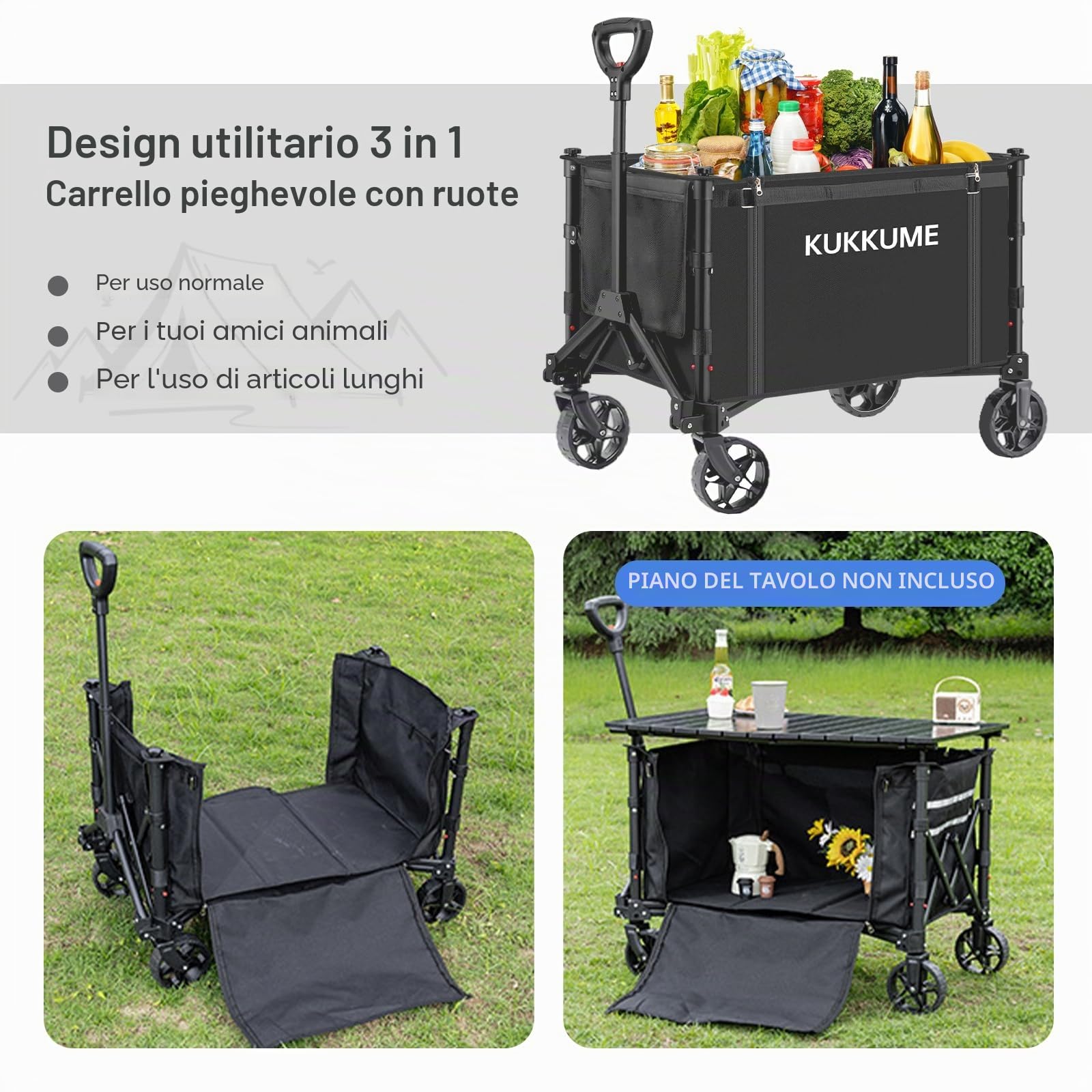 Carrello Pieghevole 3 in 1 con Ruote Portatutto Spiaggia 120 L 100 KG Carrello Campeggio Portatile con Strisce Riflettenti e Manico Regolabile per Giardino Sport Shopping Campeggio Nero