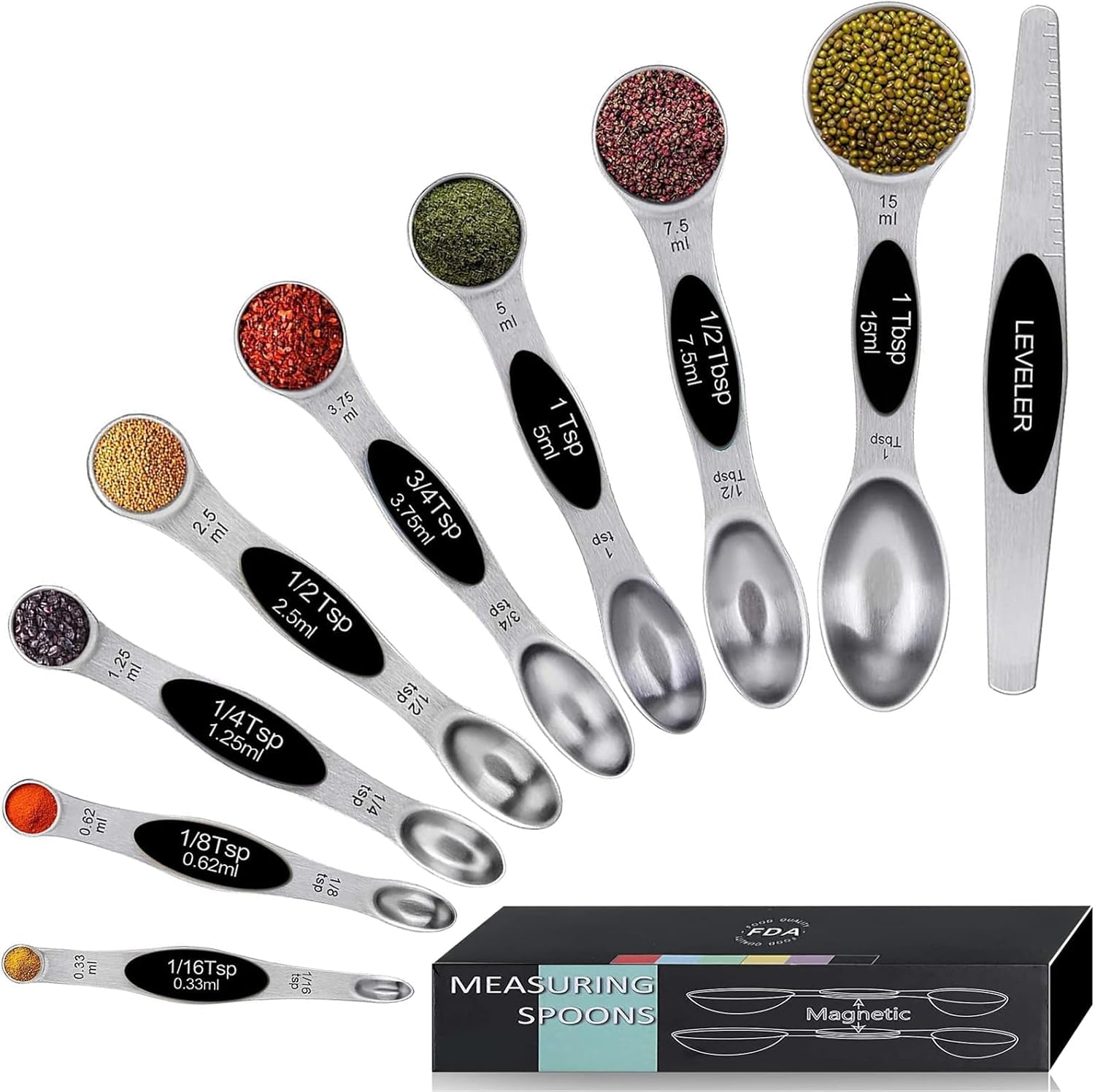 Juego de cucharas medidoras magnéticas, acero inoxidable resistente, cucharas medidoras apilables de doble cara, cucharaditas para medir ingredientes secos y líquidos, juego de 9 (negro)