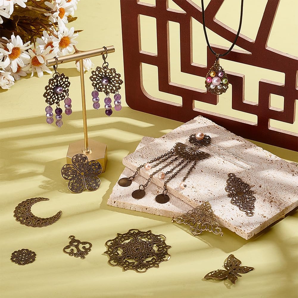 PH PandaHall 150pcs Antique Filigree Pendants 15 Style Tibetan Pendent Metal Connector Teardrop Flower Butterfly Shaped Linking Decoration Pendants for Hairpin Headwear Necklace Jewelery Making - Image 5