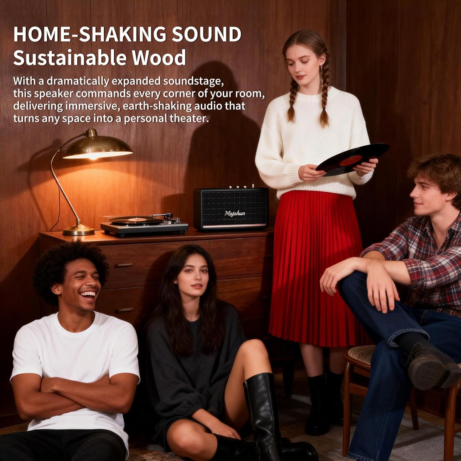 100W (Peak) Wood Bluetooth Speaker for Home, Vintage Speaker with Bluetooth 5.4, TWS Paire, Stereo Sound with Bass/Treble Control, AUX and USB Input, Retro Speakers for Home, Room, Office,Party(Black) - Image 5