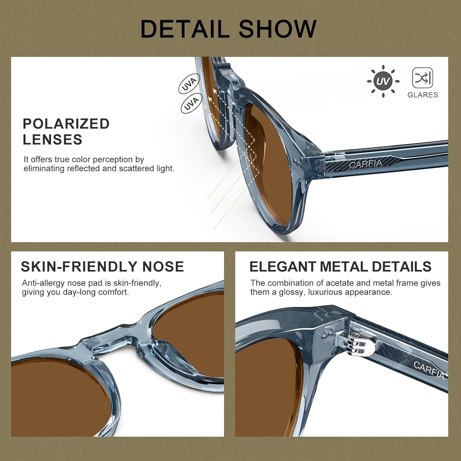 CARFIA Retro Polarized Mens Sunglasses Womens UV400 Protection, Chunky Acetate Classic Vintage Shades - Image 3