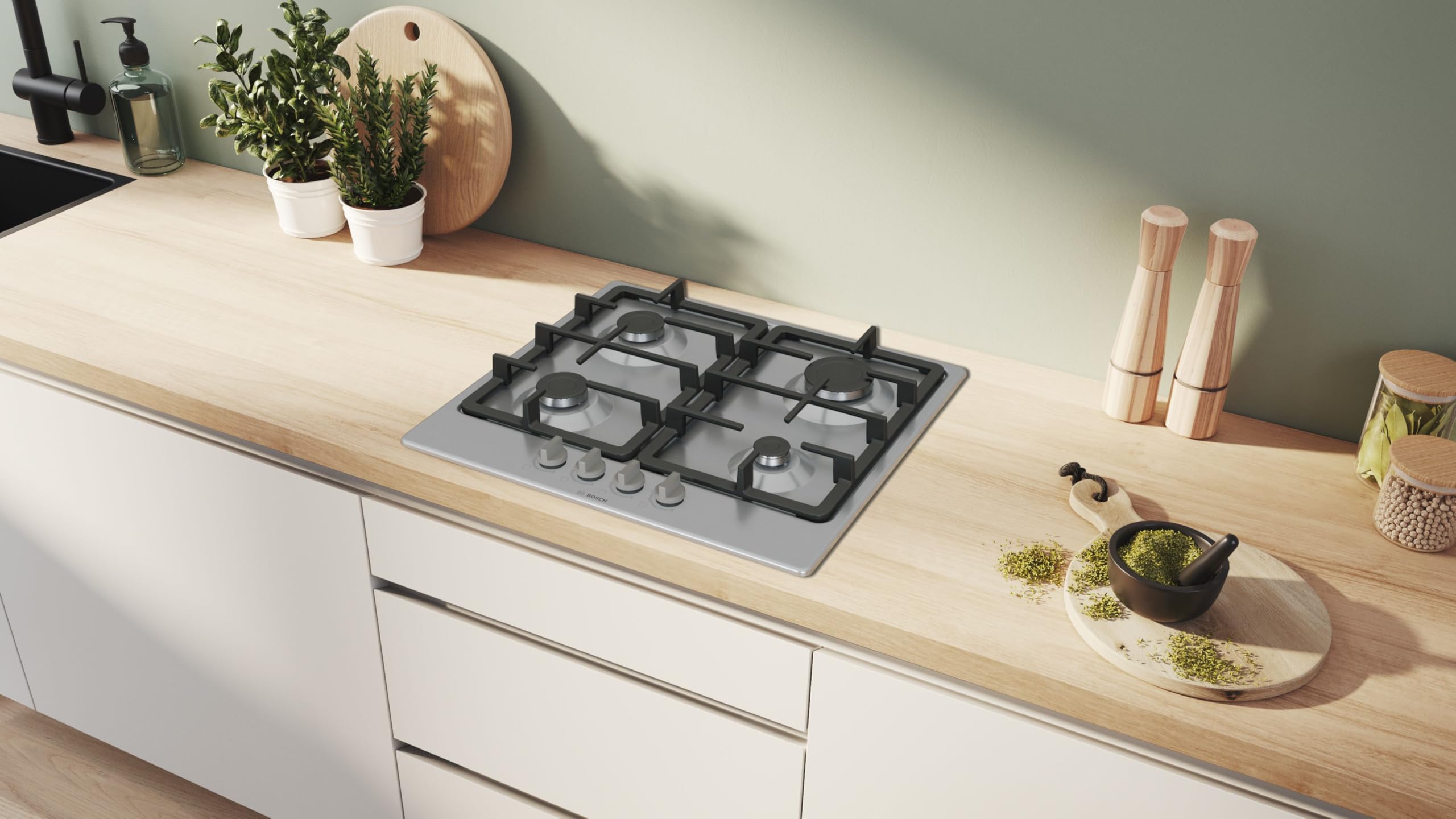 Bosch, Series 4, PGP6B5K90 60cm Gas Hob with 4 burners, 2 Dishwasher suitable cast iron pan supports, new standard sword dials, Front control — view 5