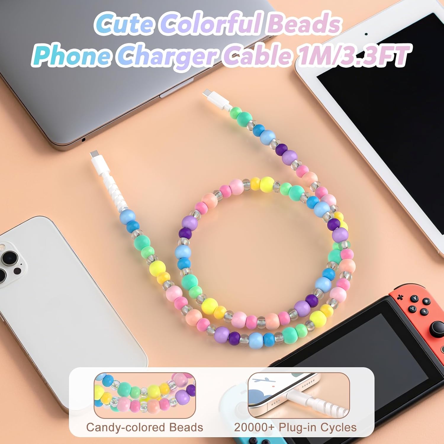 USB C to USB C Cable 3FT Colorful Candy Beaded USB Type C Cable for iPhone 17 16 15 Plus Pro Max 17 Air 16E iPad 10th A16 Pearl Type C Car iPhone Charger Fast Charging Cable for Samsung Galaxy S25 S24 - Image 8