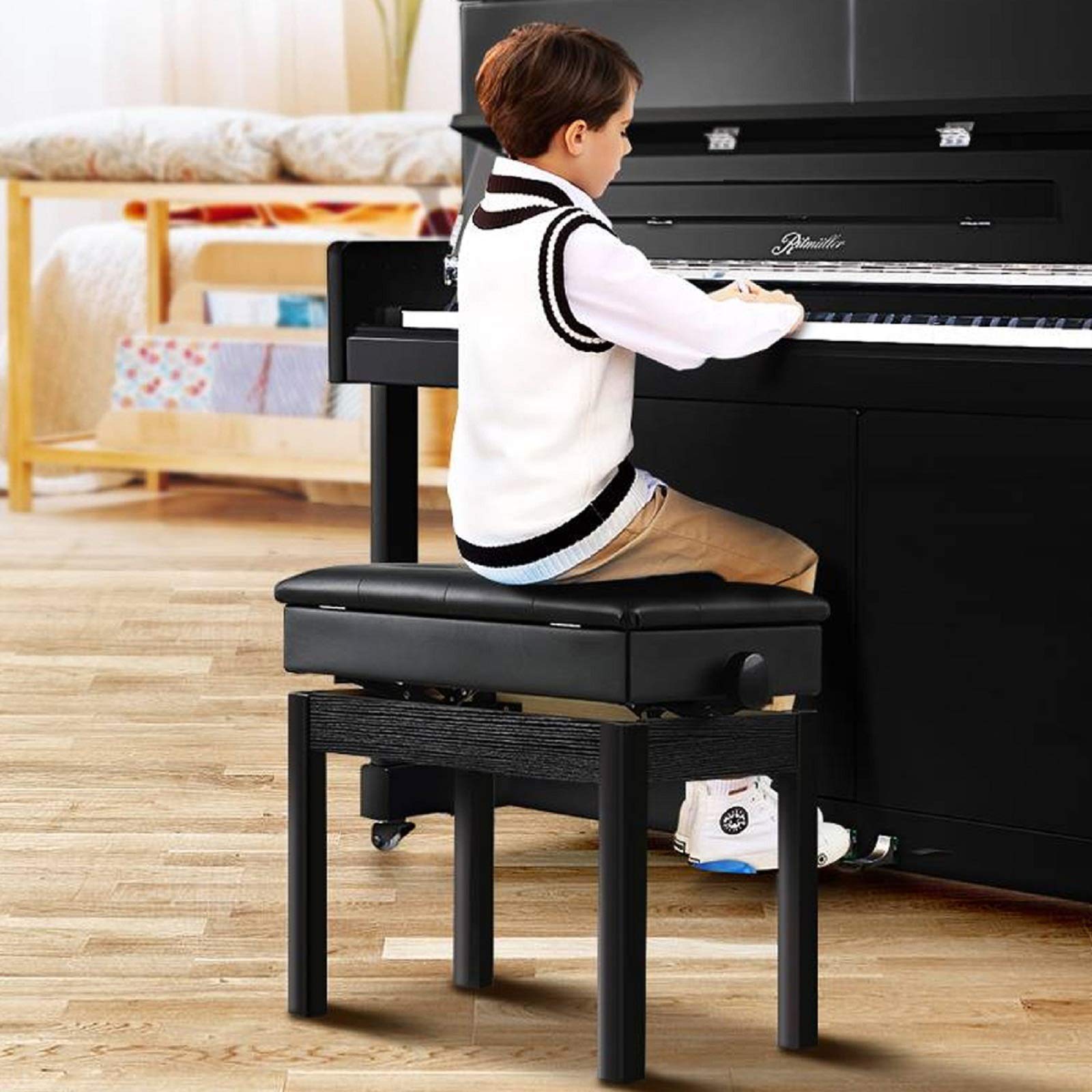 Trintion Pianobank Klavierbank Verstellbare Schwarz Klavierhocker Keyboard (Hoehenverstellbar von 48-58cm Sitzfläche 63 X 34cm) Stabil mit Schwarzem Muster Tragfähigkeit bis 150 Kilogramm