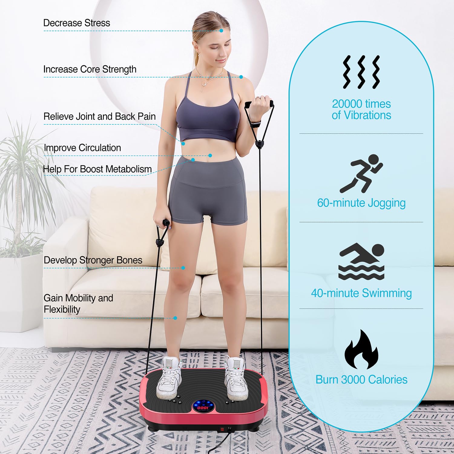 Woman exercising on AXV Vibration Plate with resistance bands, showing various health benefits.