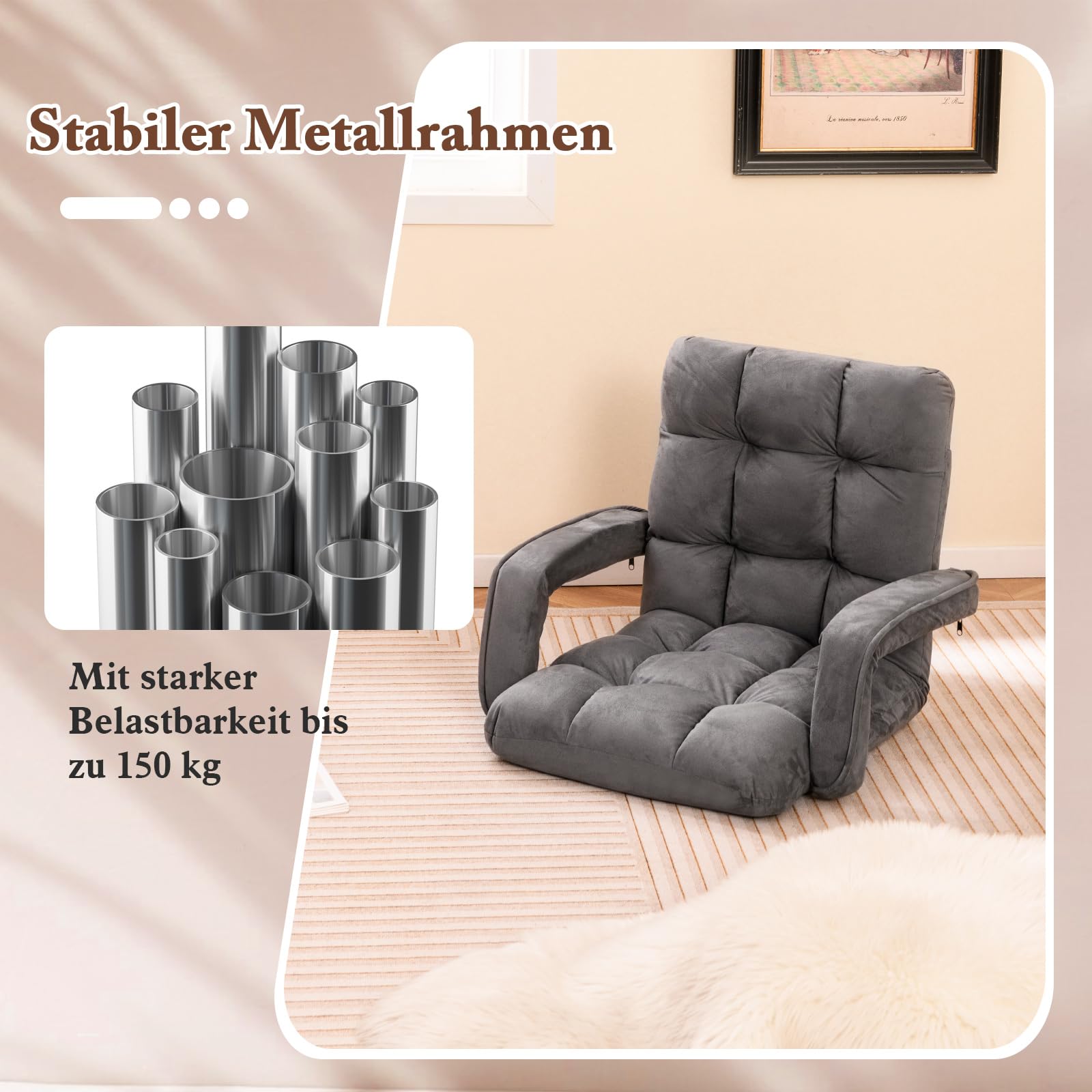 COSTWAY Bodenstuhl mit Verstellbarer Rückenlehne, Bondensofa mit gepolstertem Sitz, Bodensessel, Relaxsessel zum Spielen und Lesen, Grau