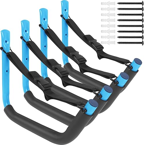 Miniatura 29 de Estante de almacenamiento de kayak, soporte de kayak para garaje, soporte de pared para kayak con correas de nailon, gancho de kayak resistente Negro