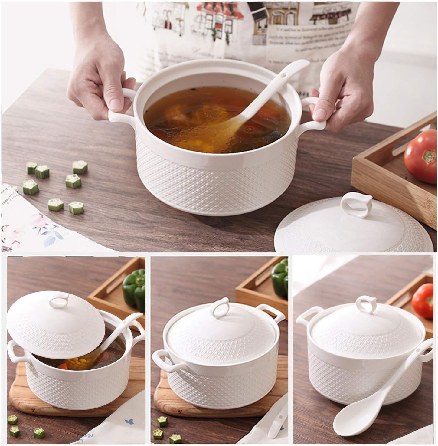 ABHOME Porcelain Soup Tureen with Lid Pure 2.4 Liter White Oval Serving Tureen Soup for Restaurant Thin Waist Cute Ceramic Covered Tureen, White