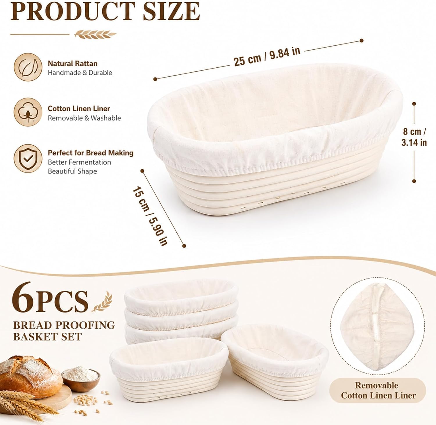 6 Pack 10 Inch Oval Banneton Proofing Basket Set, Sourdough Basket Bulk Oval Banneton Baskets with Liners Natural Rattan Dough Baking Bowls for Making Baking Fermentation Tools