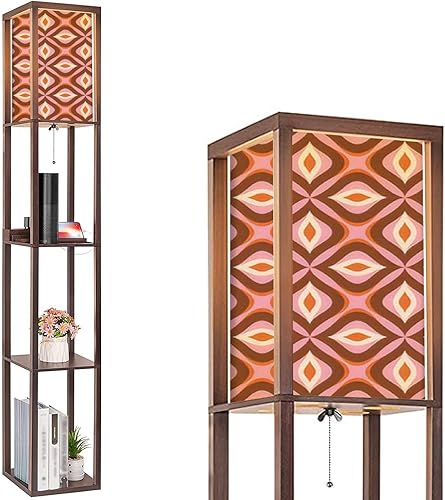 Lámpara de pie retro de los años 70 sin costuras naranja marrón rosa beige de los años 60 y 70 estilo retro con estantes, puertos USB y toma de