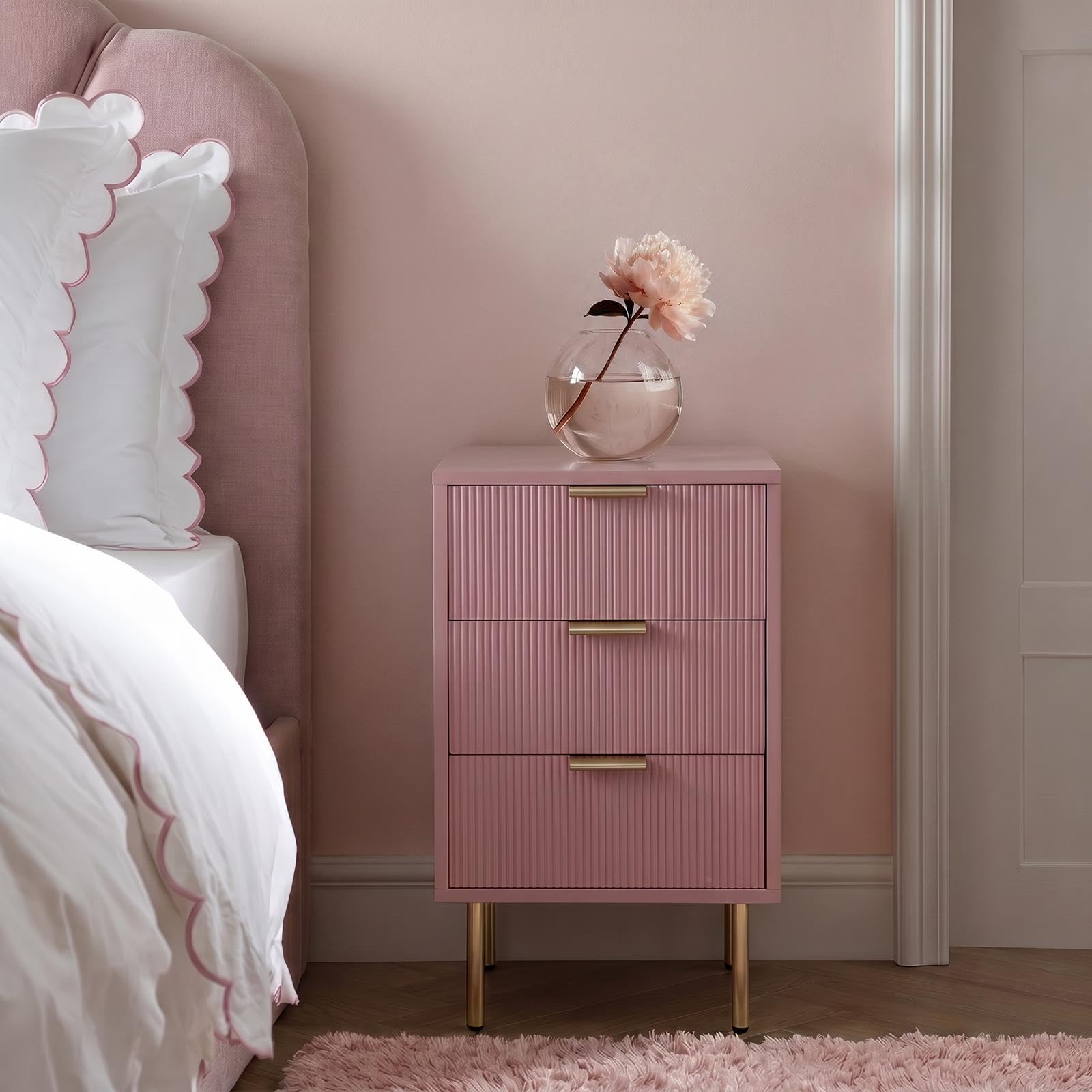 OHS Bedside Table 3 Drawer Ribbed Wooden Nightstand End Table, Deep Blush — image 1