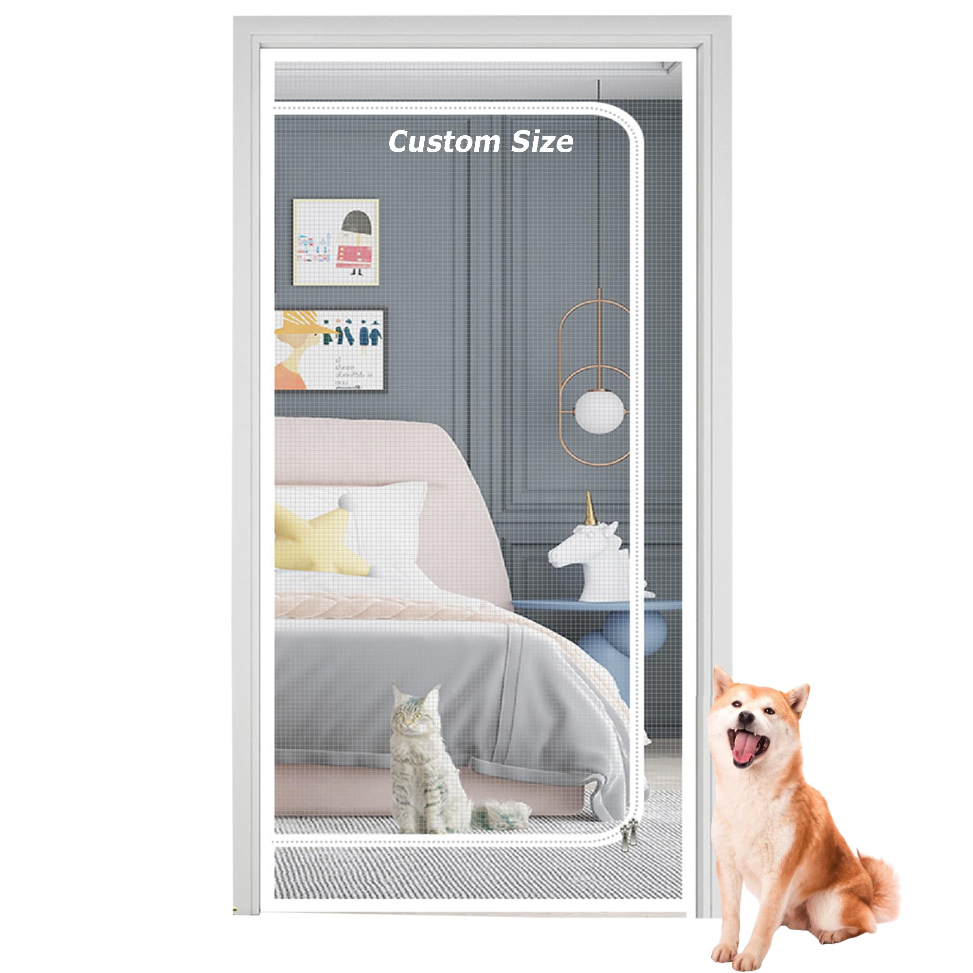 Xxiudee Grey Self Adhesive Fly Screen Mesh, Custom Size Cat Screen Doors With Double-Side Zipper, Dog Proof Screen Mesh Cat Protection Nets, Balcony Bedroom Netting (Custom Size)