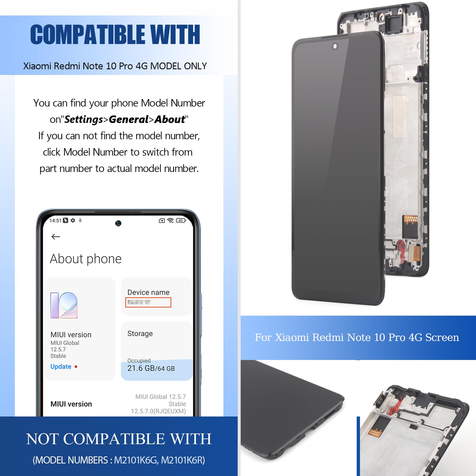 Schermo per Xiaomi Redmi Note 10 PRO 4G Display Digitalizzatore Touch Screen LCD per Redmi Note 10 PRO 4G Schermo LCD Display + Kit di Riparazione(Nero con Cornice)