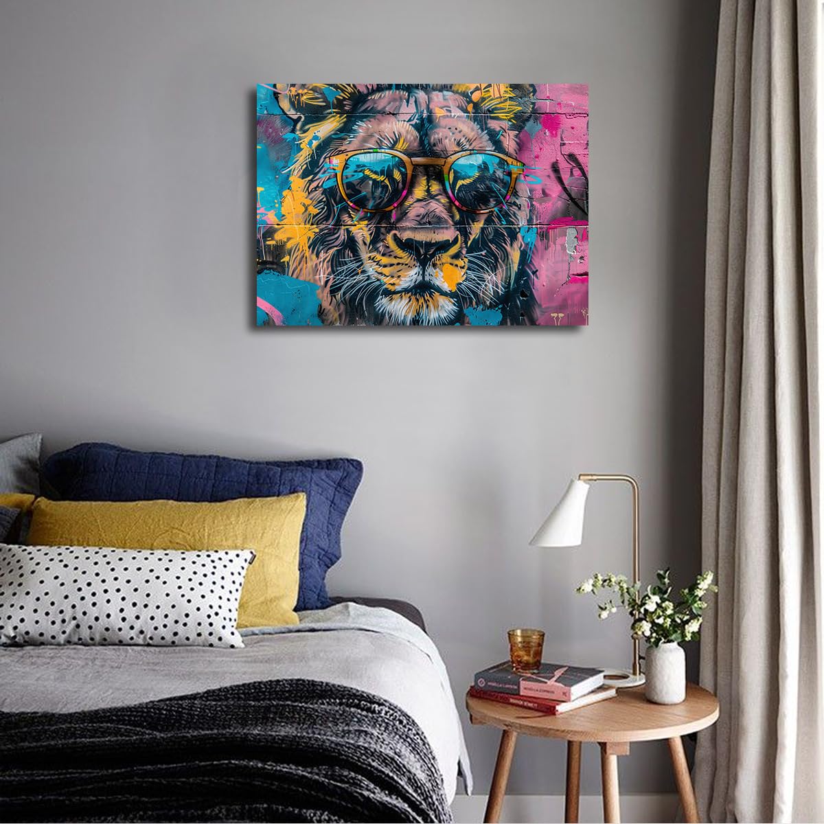 Carteles e impresiones de videojuegos Imágenes de grafitis de animales con gafas de sol Arte de lienzo de gamer Lion Graffiti Decor de pared colorida para la sala de juegos 80x105cm Sin marco