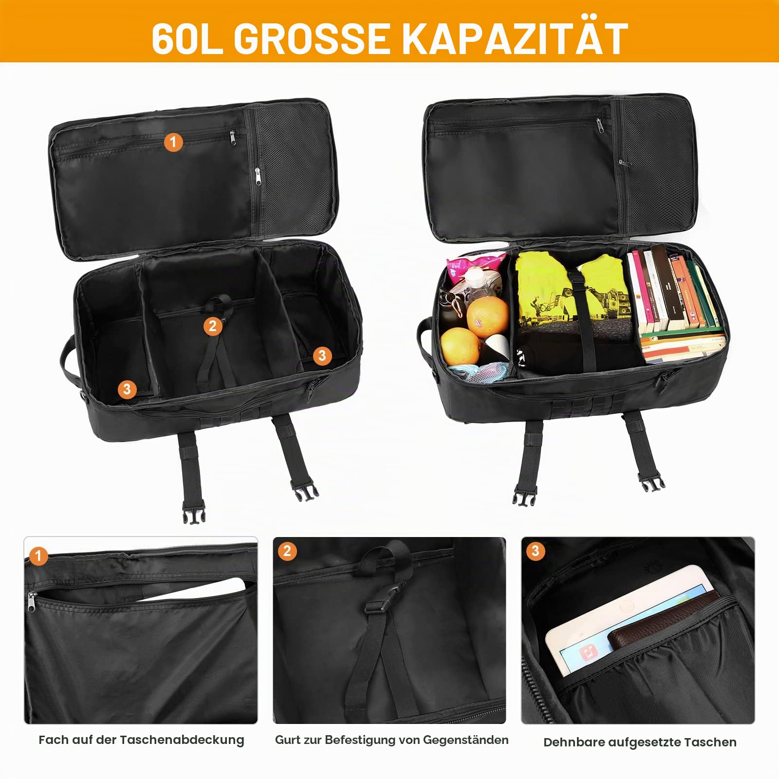 HUNTVP Militär Wanderrucksack 50L/60L Taktischer Trekkingrucksack MOLLE Rucksack Wasserdicht Bundeswehr XXL Backpack Groß Kapazität für Wandern Trekking Camping, 60L Schwarz