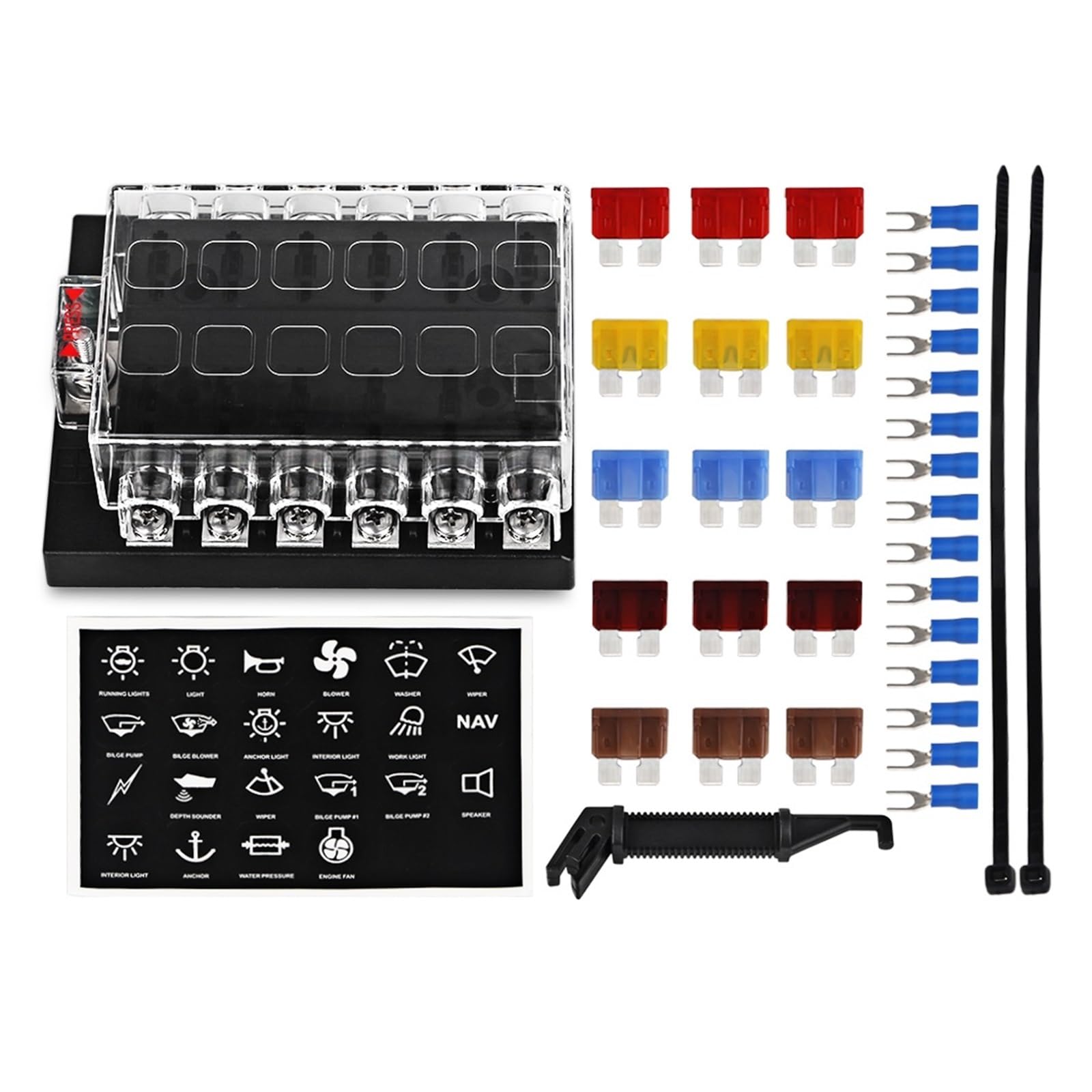 Boîte à fusibles 12 voies 12 V 24 V pour voiture, bateau, bloc de base, support à vis, écrou, bornes sans fusibles, indicateur LED, couvercle étanche (porte-fusible à 4 voies)