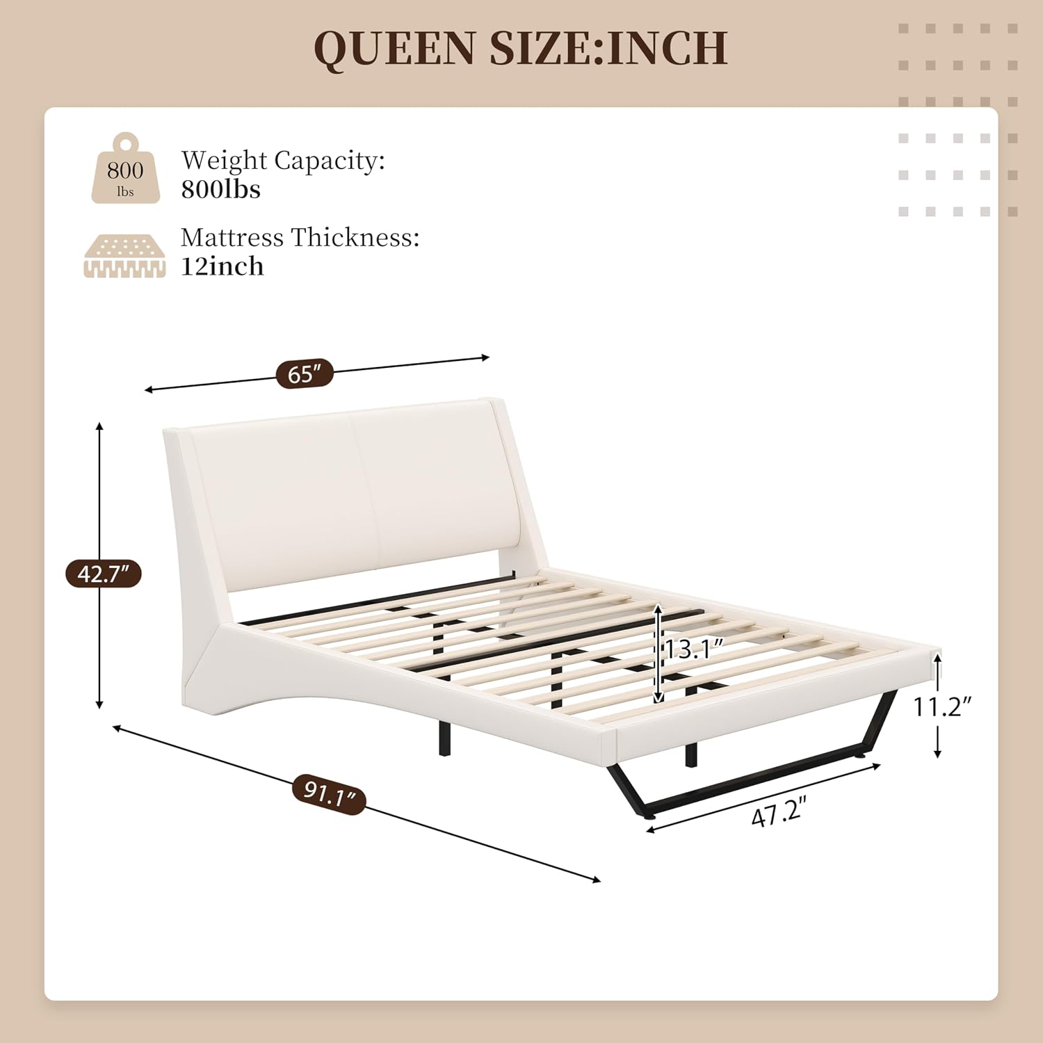 Christopher Knight Home Hudley Faux Leather Queen Size Bed Frame with Headboard, PU Queen Size Platform Bed Frame with Metal Leg, Noise-Free Wooden Slat Support, No Box Spring Needed, White