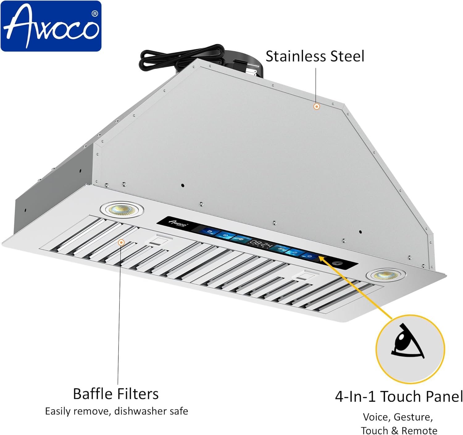 Awoco Range Hood Insert 30 Inch, Built-in Kitchen Hood with 800 CFM, Smart Voice/Gesture/Touch Control, Stainless Steel Stove Hood with Ducted/Ductless Convertible, Charcoal Filter.