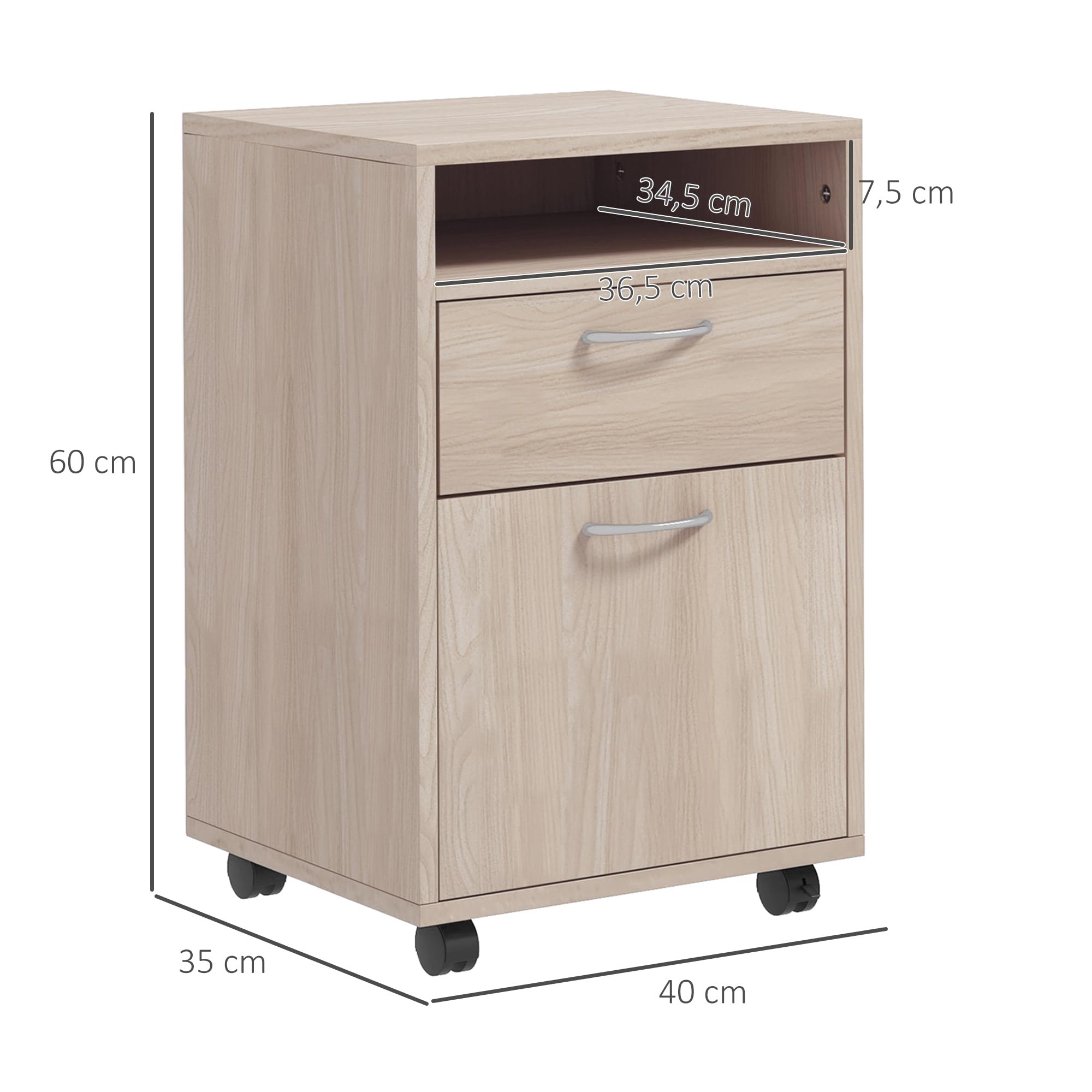 HOMCOM Caisson de Bureau Rangement Bureau sur roulettes Chêne | Tiroir, Placard, Niche, Panneaux Particules