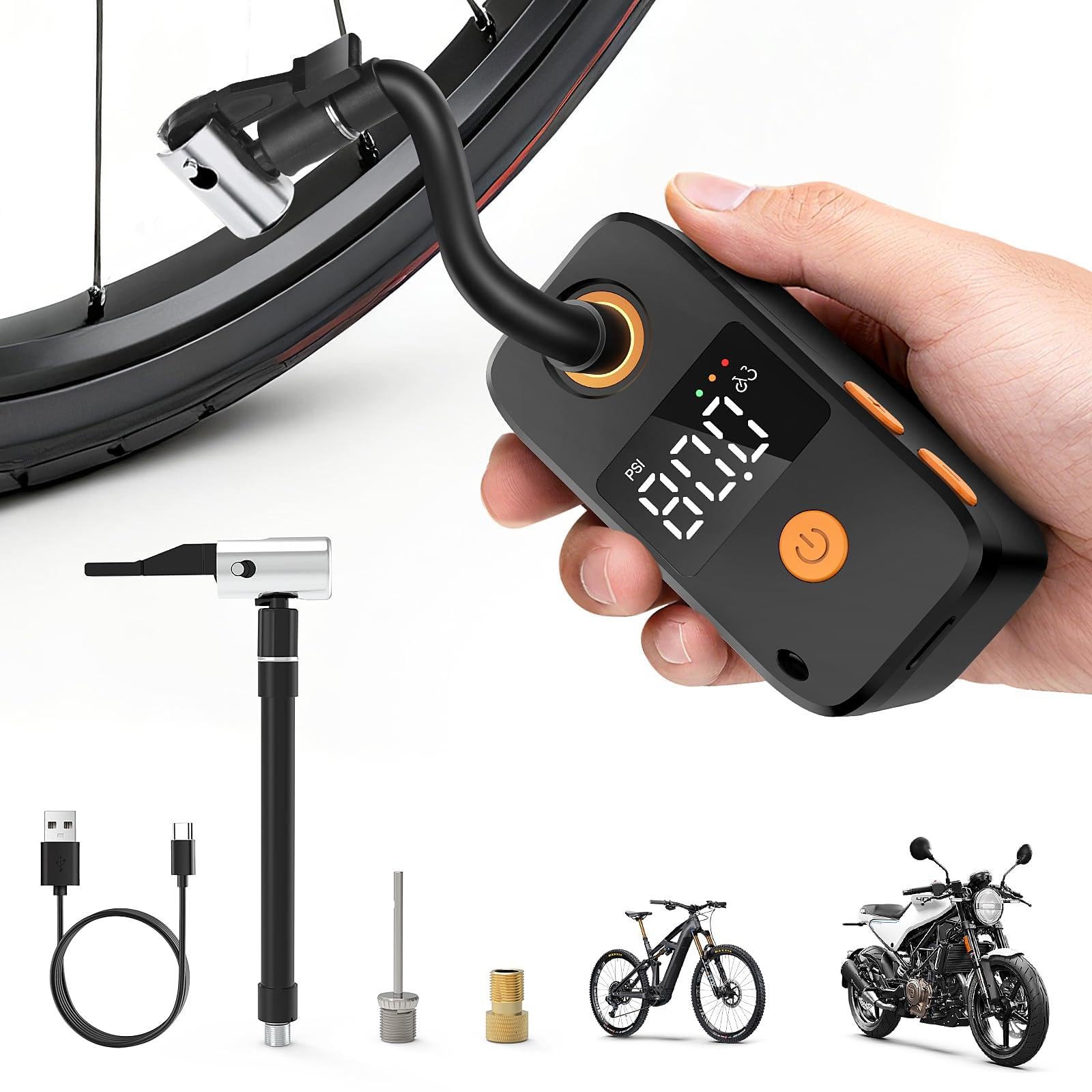 Mini Pompa Elettrica Per Bicicletta 120 PSI – Portatile Con Manometro LED, Spegnimento Auto, Luce LED – Compatibile Con Valvole Presta E Schrader – Per E-bike, MTB E City Bike