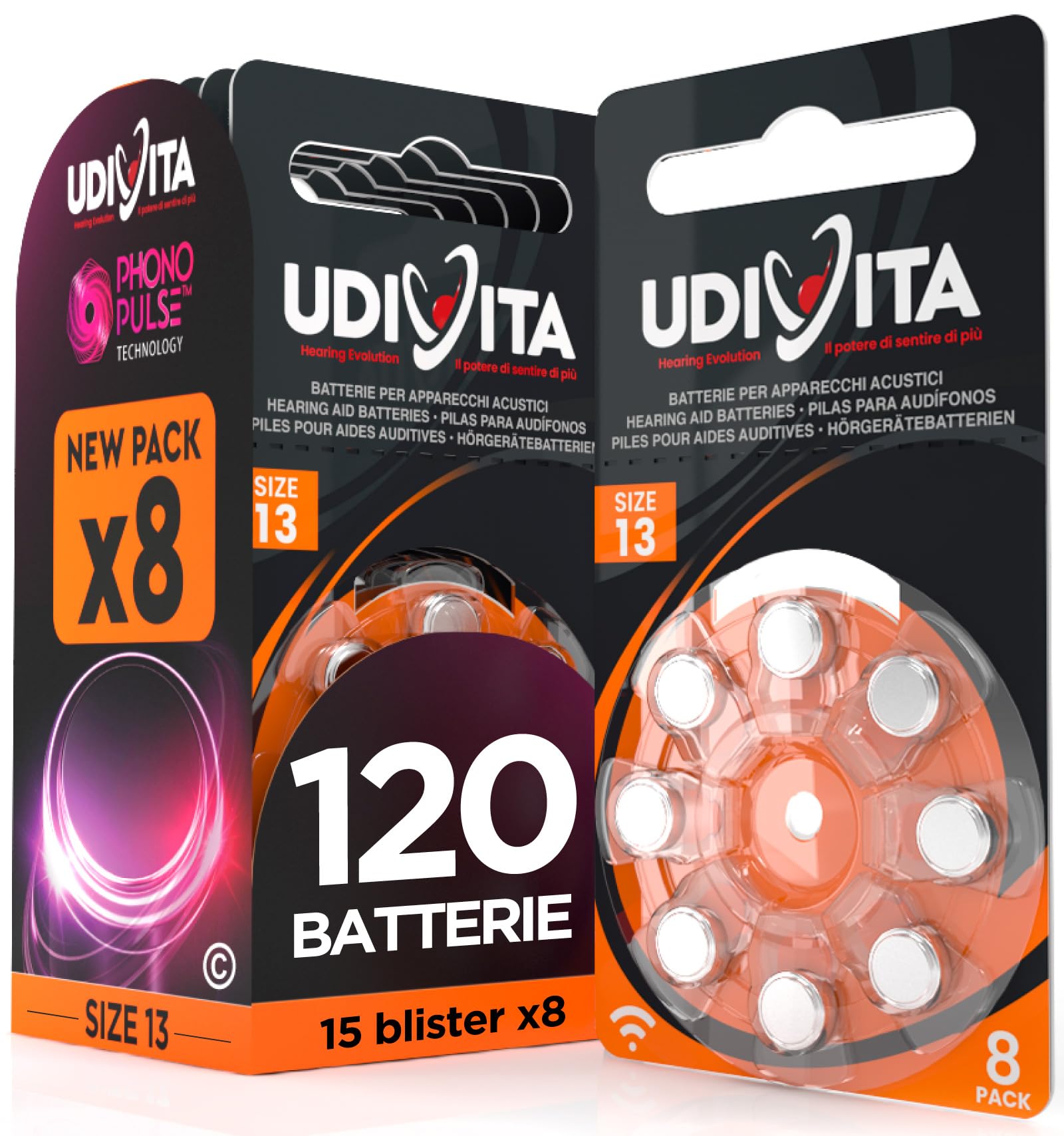 120 Batterie per Apparecchi Acustici Udivita Misura 13 (Arancioni) PR48 con Phono Pulse Technology - 15 Blister da 8 Pile