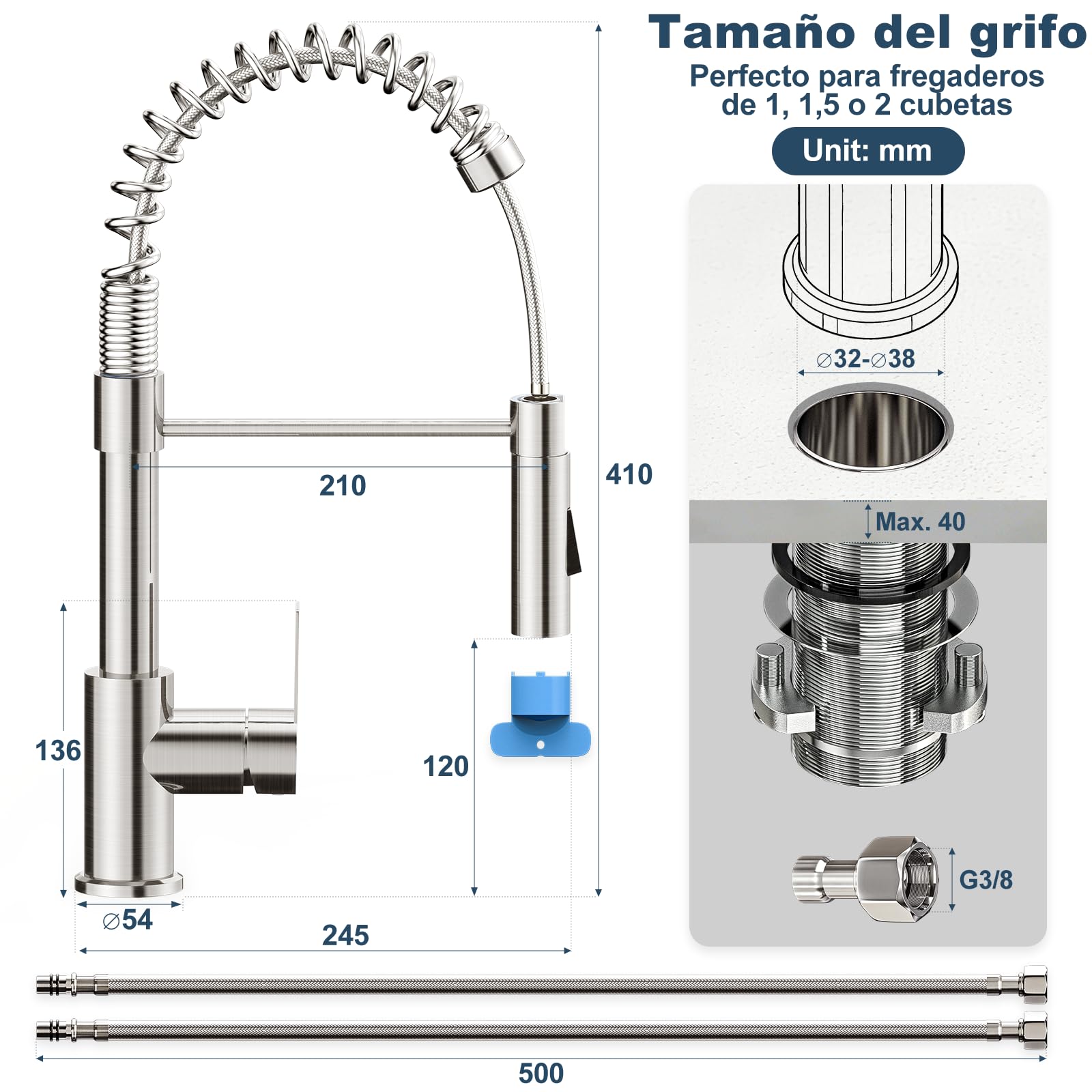 Grifo Cocina Extraible, Lagontap Elegante Grifos Extensible Cocina con 2 Modos de Salida de Agua, Grifo Cocina Fregadero Monomando Giratorio de 360°y de Arco Alto, Acero Inoxidable Cepillado