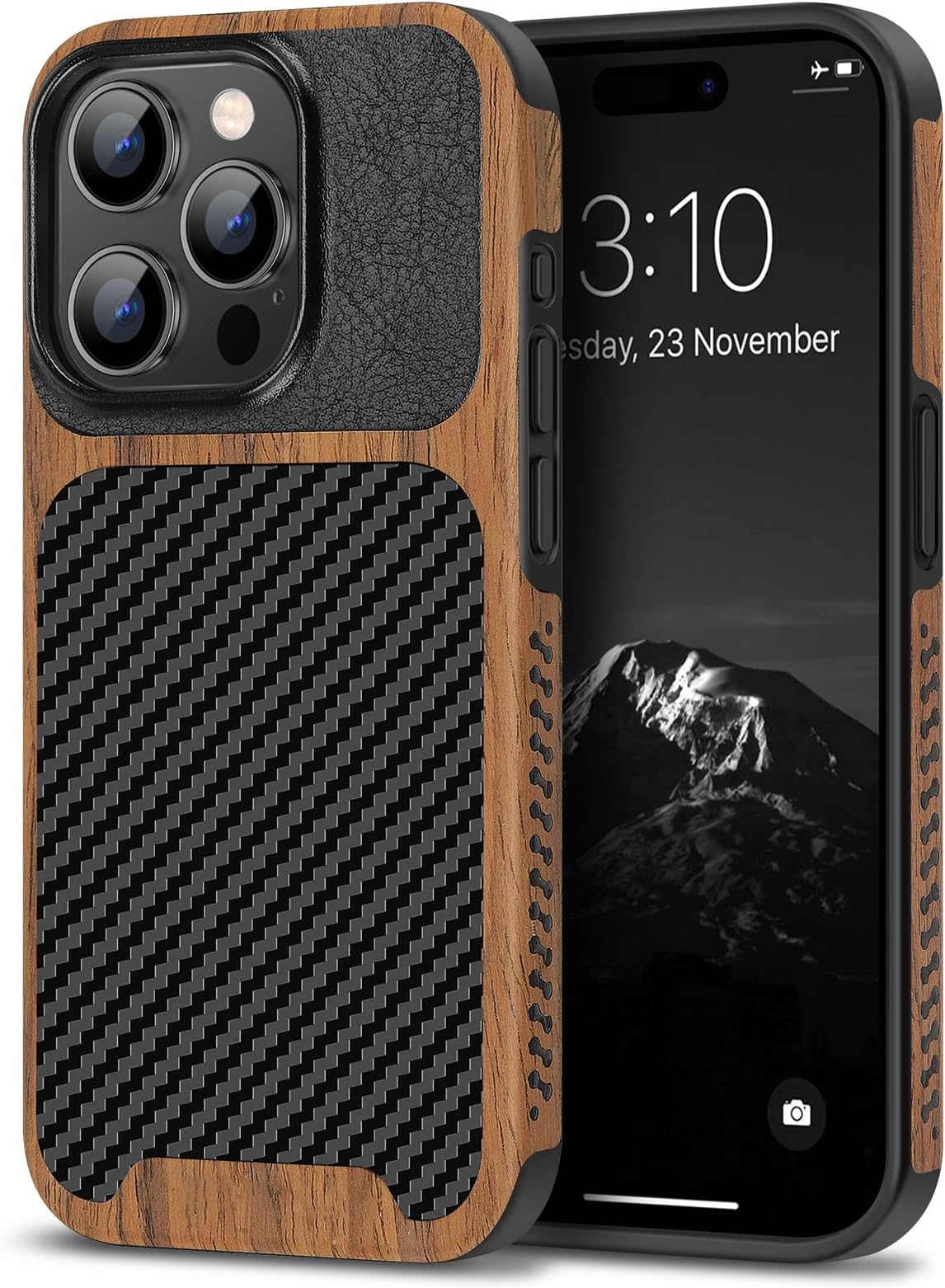 TENDLIN Compatible with iPhone 15 Pro Max Case Wood Grain with Carbon Fiber Texture Design Leather Hybrid Slim Case (Black)