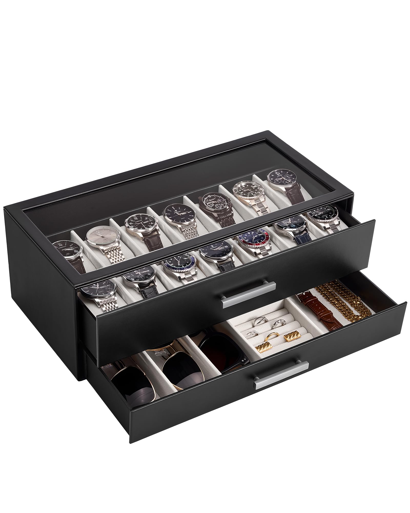 ProCase Coffret Montres 14 Emplacements avec Tiroirs Coulissants Superposés, Boîte à Montres avec Couvercle Transparent, Rangement Élégant pour Montres et Accessoires -Noir