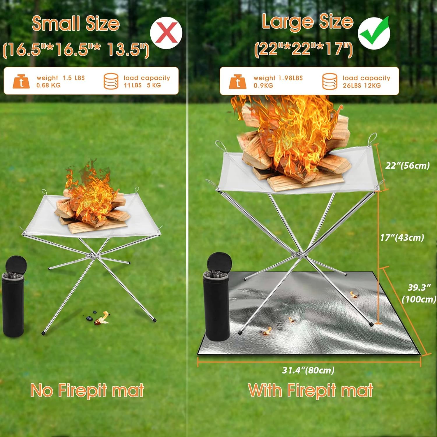 Foyer portable pour l'extérieur, 56 cm, en acier inoxydable, avec tapis de feu et sac de transport, foyer d'extérieur en acier inoxydable pour extérieur, jardin, camping, patio, barbecue