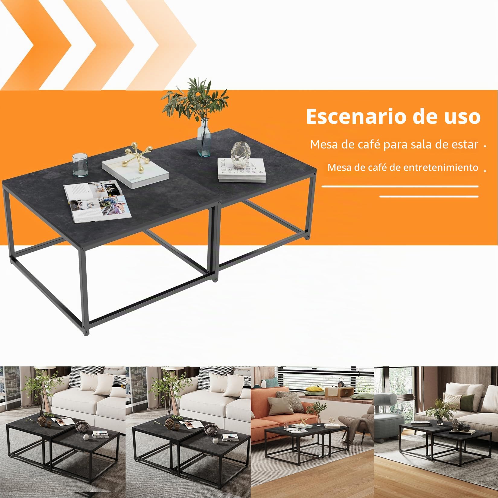 FATIVO Mesa Nido de Centro de Mármol: Mesa de Café Cuadrada Nórdica de Piedra Sinterizada y Metal para Salón Sofá Hogar Oficina, Antracita