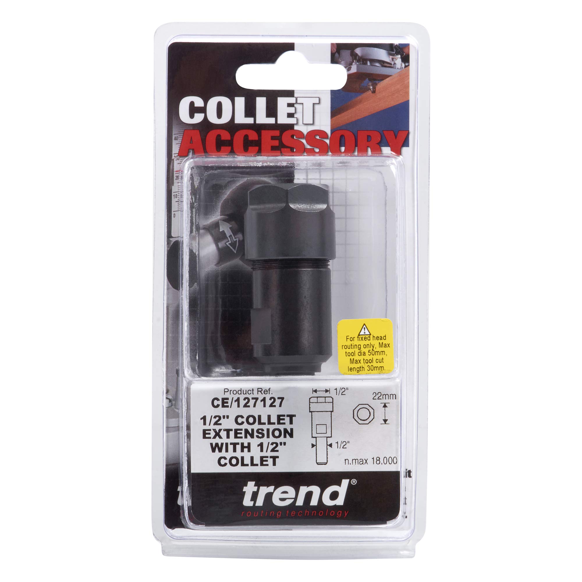 Trend Collet Extension with 1/2 Inch Shank & 1/2 Inch Collet, 50mm Spindle Increase for Router Tables, CE/127127