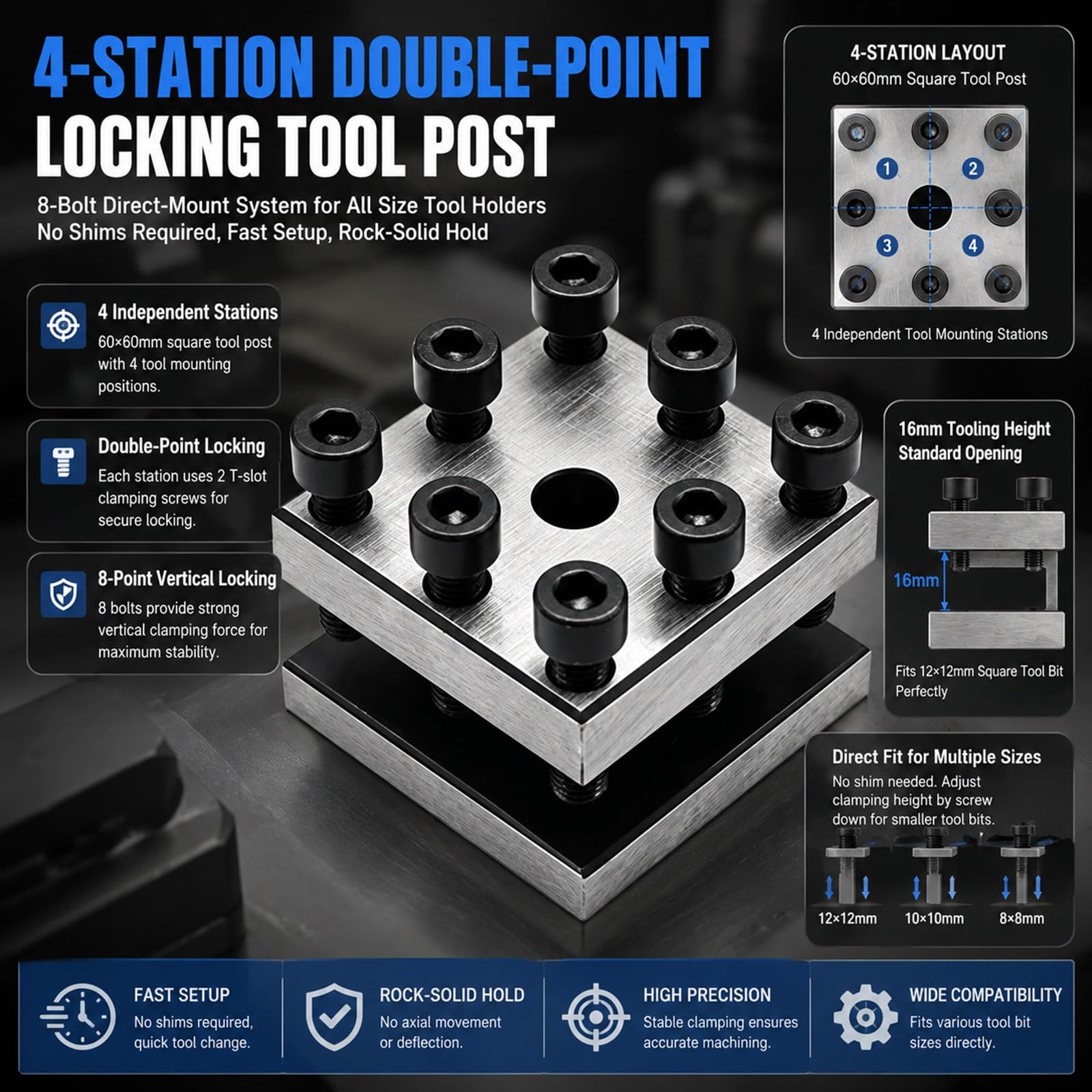 Palo portautensili a 4 stazioni per mini tornio, altezza slot 5/8", capacità 1,2 cm, planarità 0,02 mm, portautensili accurato per parti di lavorazione del tornio da banco