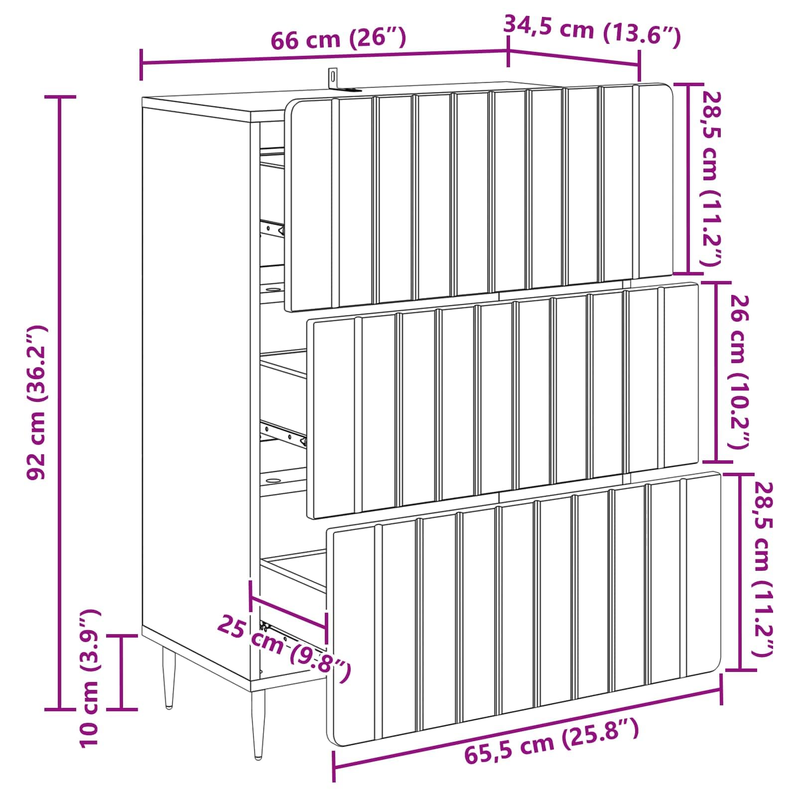 Armario con cajones negro 66 x 34,5 x 92 cm, material de madera, 3 cajones, armario de almacenamiento para oficina, dormitorio y pasillo, compacto para ordenar y espacio de almacenamiento