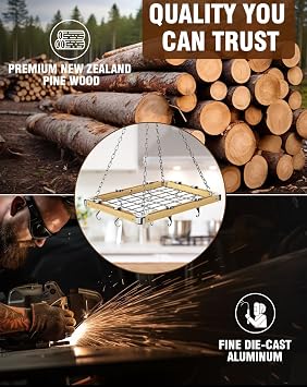 Cooks Standard Classic Ceiling Wood Pot Rack, 24x18 Inch Heavy Duty Hanging Cookware Organizer with Metal Grate & Solid Cast Aluminum Hooks, Movable Tracks Design