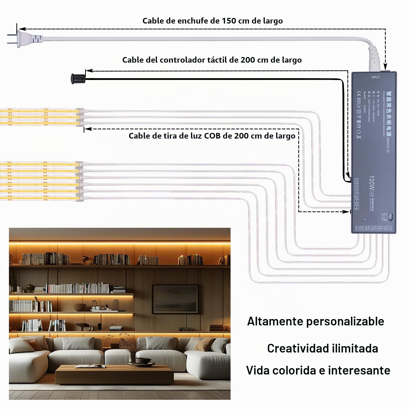 BENLUN 24V Tira LED COB CCT Bajo Mueble Cocina 10 Metros, 2700K-6500K Regulable Blanco Tira LED de Interior, 8,5W/M CRI 93 Luz LED Recortable con Mando y Alimentación para Habitacion