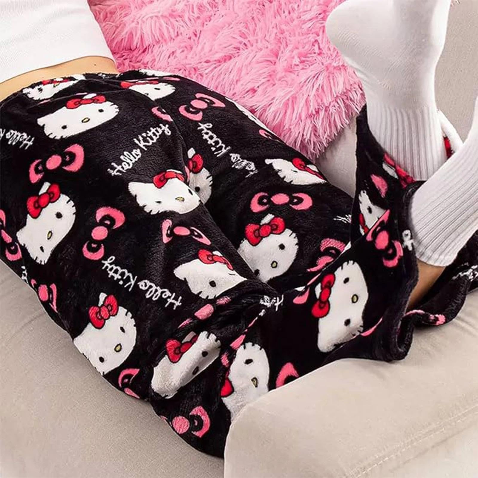 Pantalones de pijama para mujer, pantalones largos de pijama de anime, pantalones largos de franela, dibujos animados kawaii, mullidos y cálidos, pantalones de salón Y2K para mujer, otoño e invierno