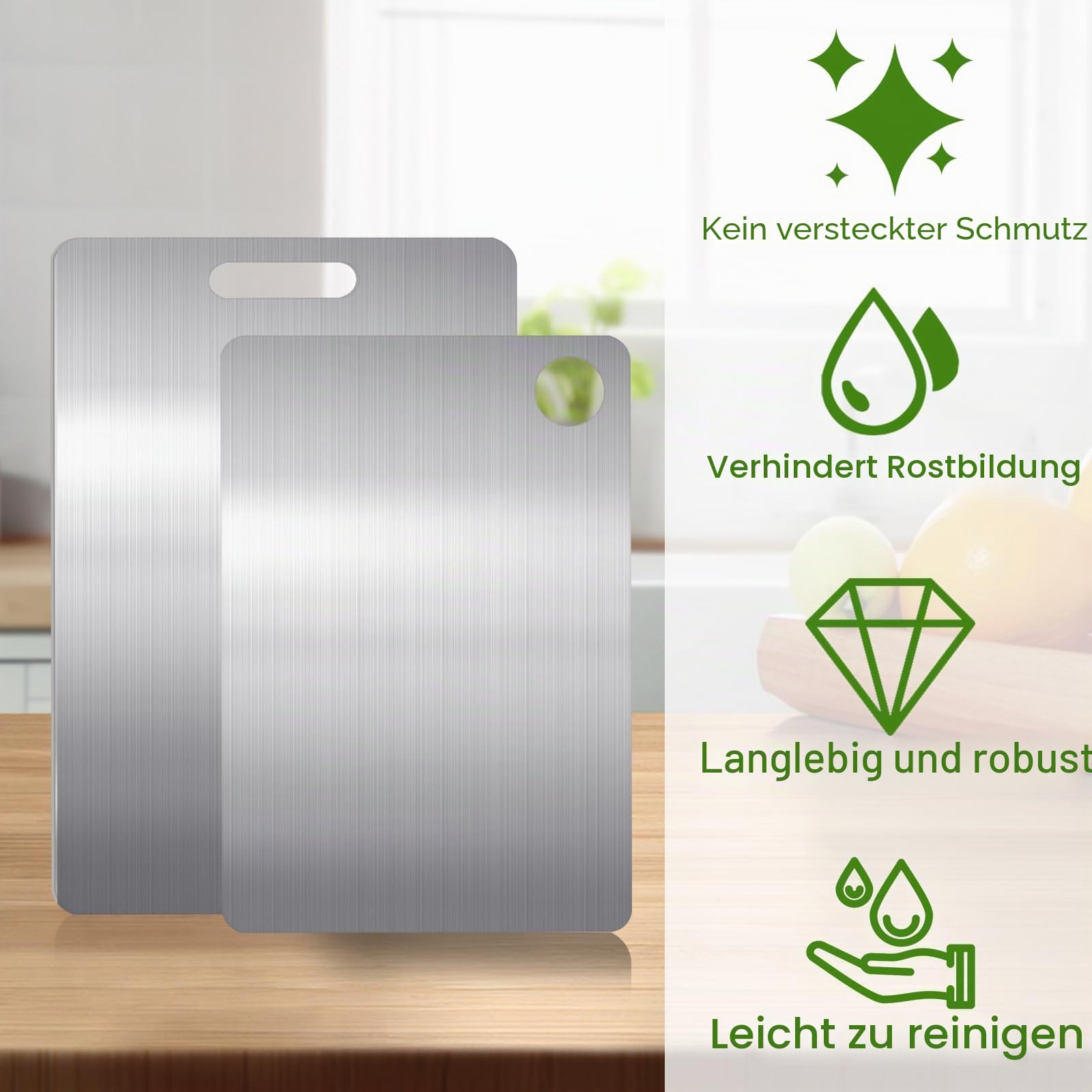 2 Pcs Titan Schneidebrett, S304 Schneidebrett Edelstahl, BPA-frei Doppelseitiges Lebensmittel Grade Titanium Cutting Board für Fleisch, Brot, Gemüse & Obst(40 * 30cm+30 * 20cm)