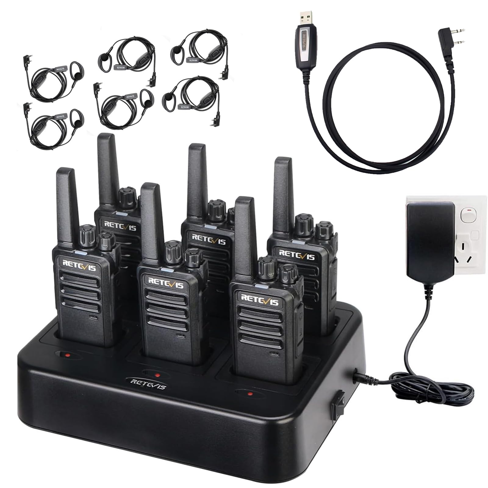Retevis RT668 Walkie Talkie Professionali, Ricetrasmittenti PMR446 con Caricatore a 6 Vie, VOX, Radio Bidirezionale con Auricolare Cavo USB di Programmazione, per Fornitori, Magazzino