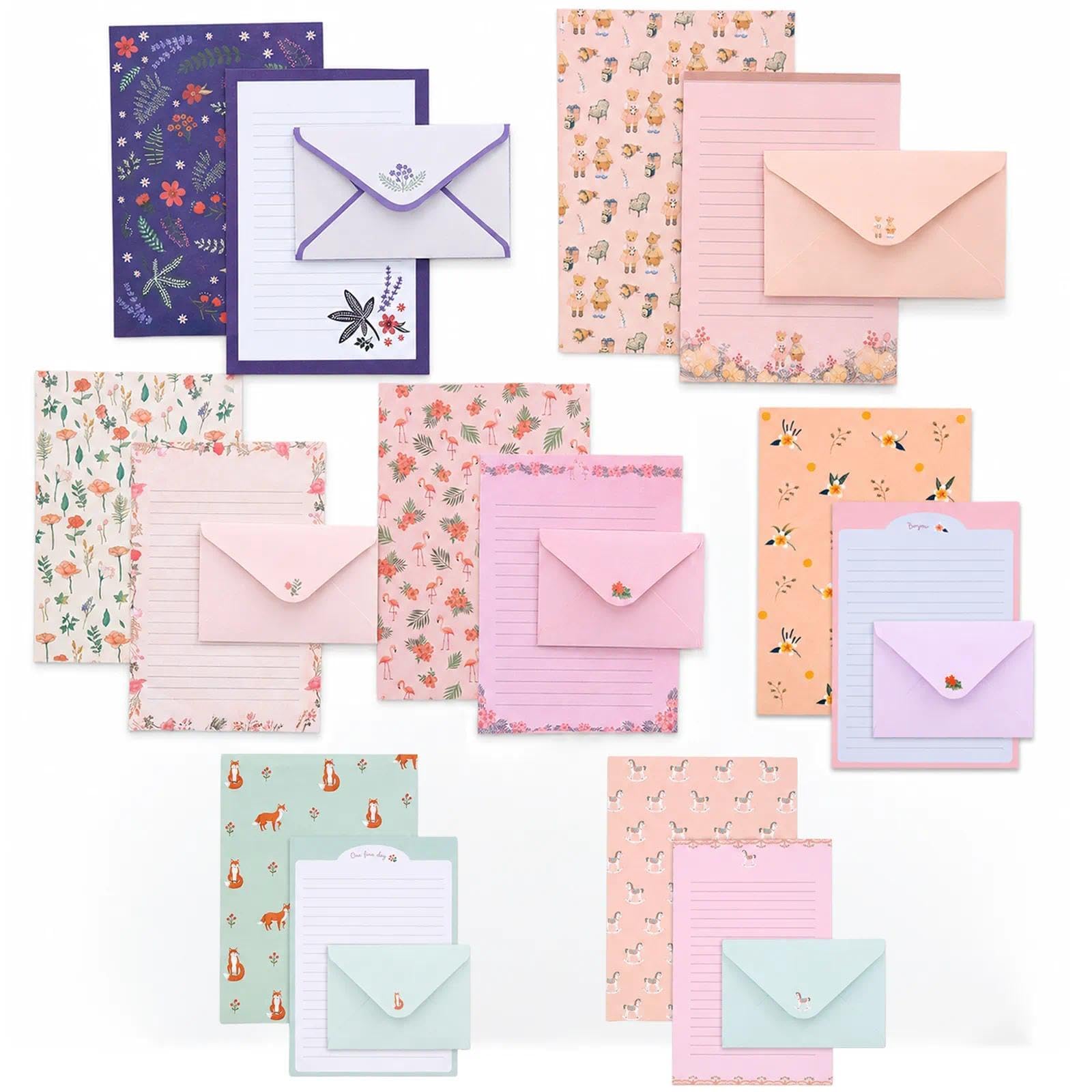 Letter Writing Paper Set 63Pcs, 42 Lined Sheets with 21 Envelopes, 7 Floral Designs for Thank You Notes and Invitations