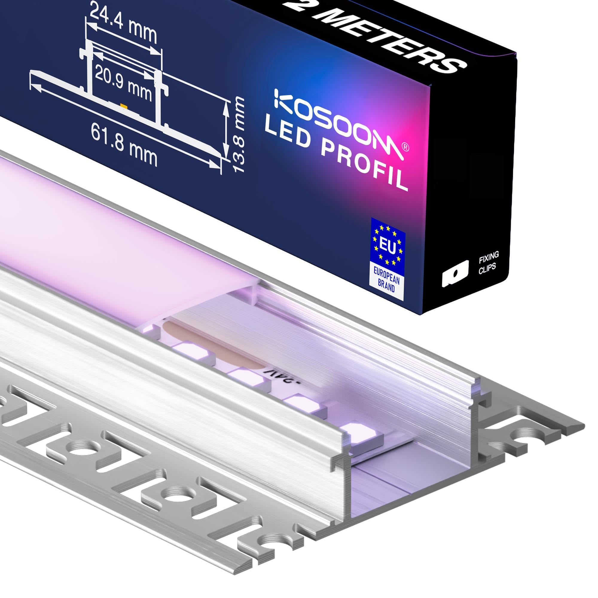 LED Profil für LED Streifen 2 m x 6 Stück 12 m mit mattem PC Abdeckung Größe 24,4 mm x 13,8 mm Lamellen 61,8 mm, für LED Streifen mit Einer Breite von weniger als 20 mm, mit Montagezubehör