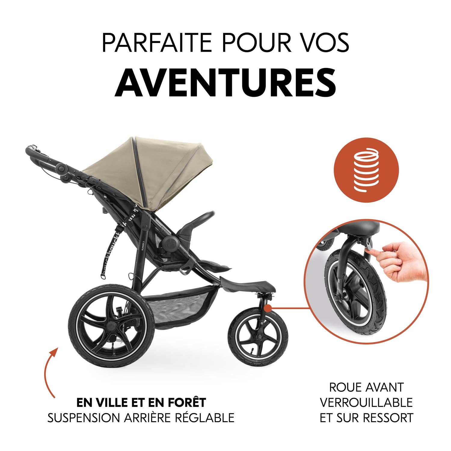 hauck Runner 3 Olive – Poussette 3 Roues Bébé avec Grandes Roues Air, Suspension, Frein à Main, Canopy XL, Fenêtre Maille, Panier Couvercle, Inclinable, Porte-Gobelet, de la Naissance à 22 kg