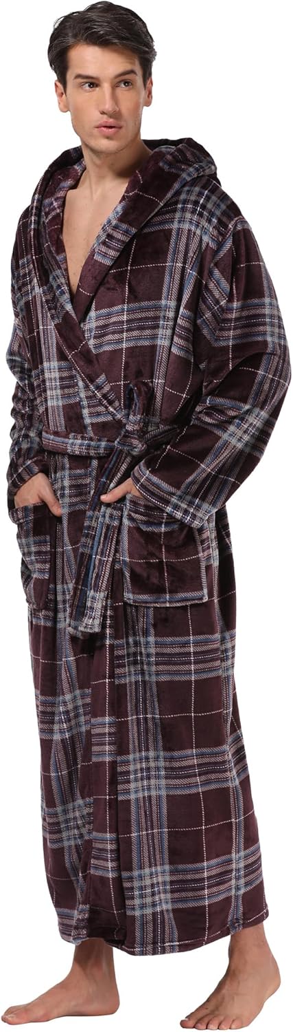 Men's Plush Hooded Bathrobe Winter Warm Fleece Robes Soft Flannel Long Robes with Pockets, Full Length - Image 4