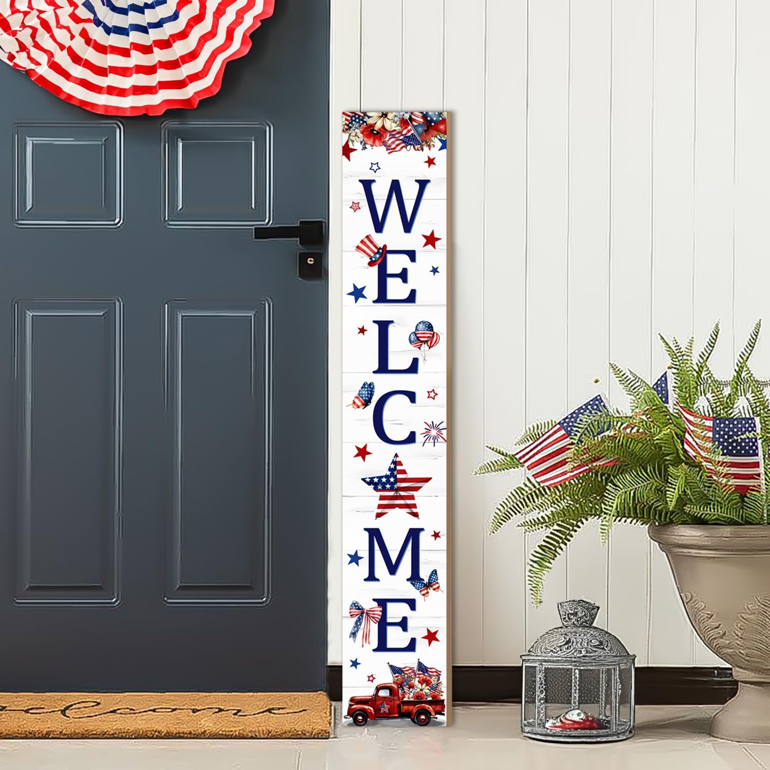 4th of July Patriotic Welcome Sign, American Flag Truck Wooden Porch Sign For Patio, 47" USA Flag Front Door Signs All Seasons Decor Standing Yard Signs Holiday Vertical Signs for Outdoor Indoor Wall Garden