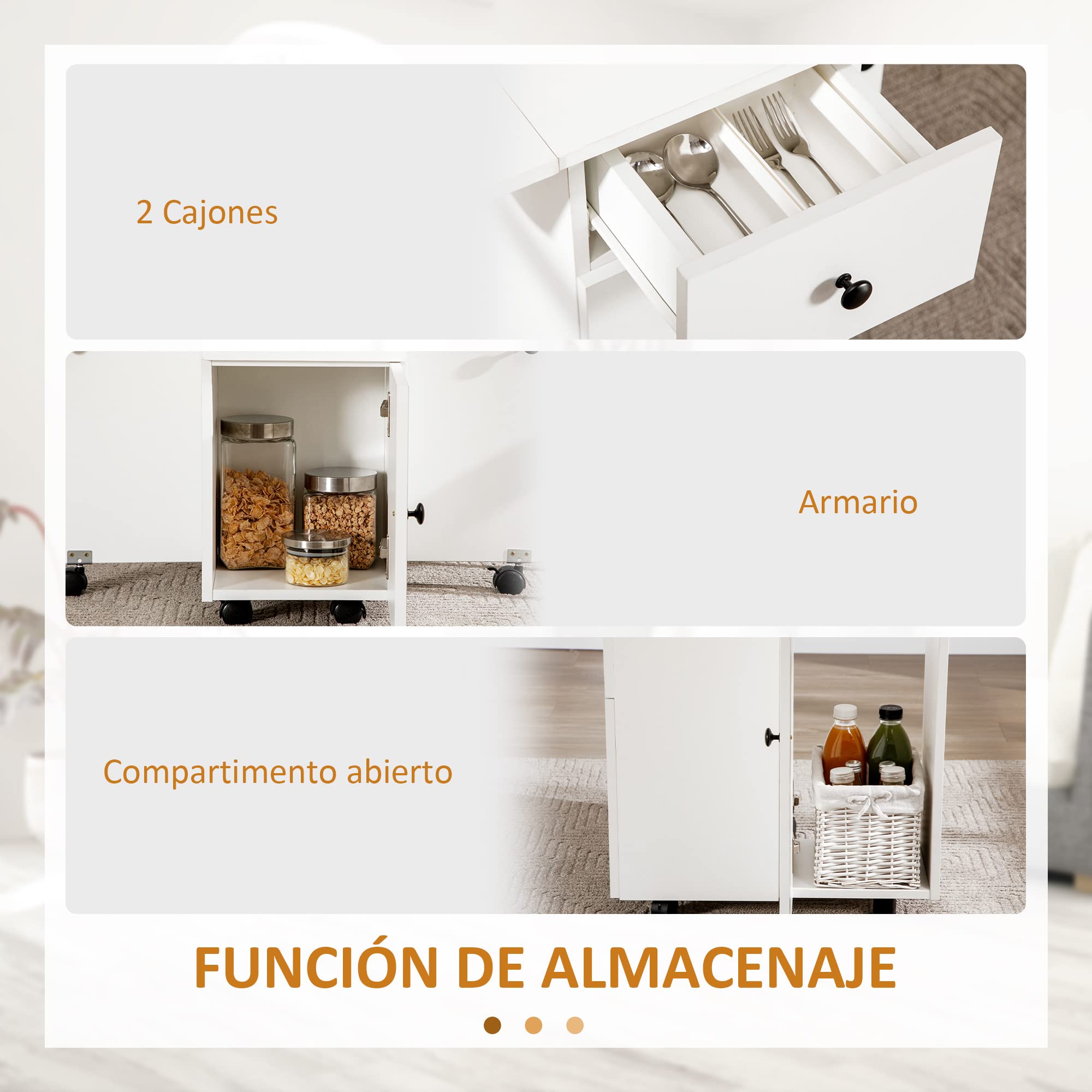 HOMCOM Mesa Plegable de Comedor, Mesa de Cocina Plegable, con Ruedas, Alas Abatibles, 2 Cajones, Estante y Armario, hasta 6 Personas, para Salón, Espacio Pequeño, 120x60x76,5 cm, Blanco