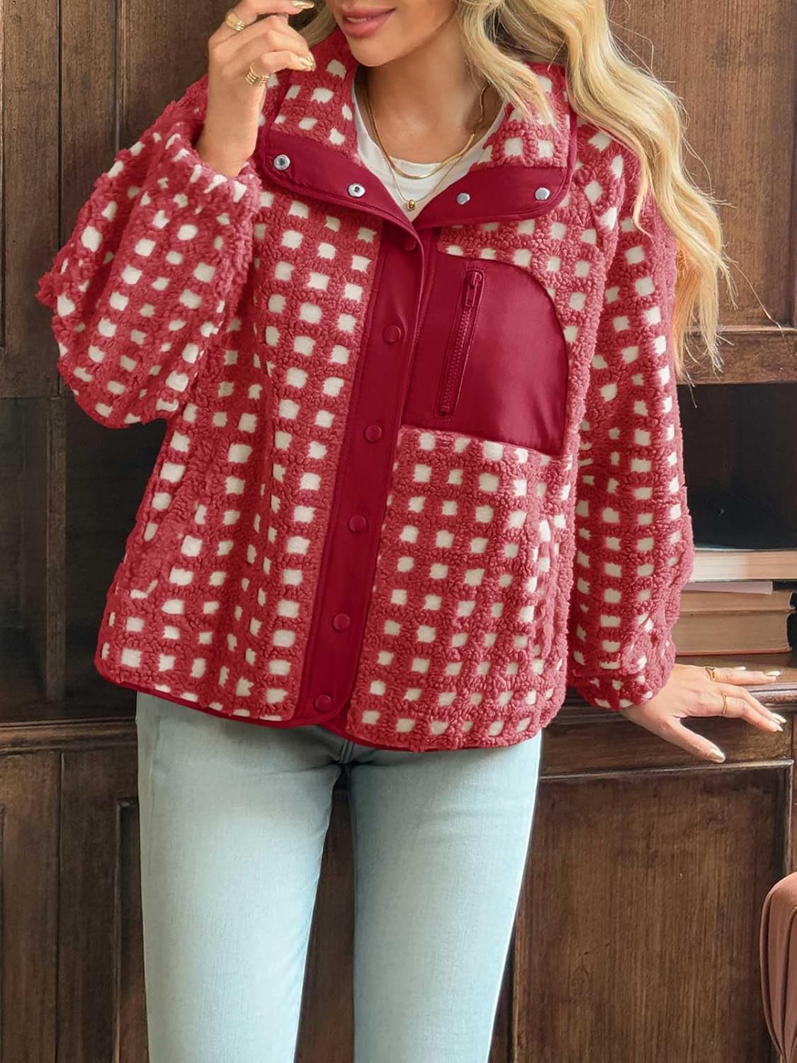 Tankaneo Womens Fleece Sherpa Jacket Fuzzy Checkered Button Down Stand Collar Jacket Winter Warm Outerwear - Image 4