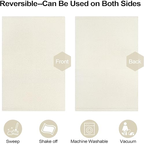Miniatura 4 de LEEVAN Alfombras de cocina lavables de 3 x 5 pies, alfombra de dormitorio color crema, alfombra tejida de algodón, moderna alfombra trenzada para