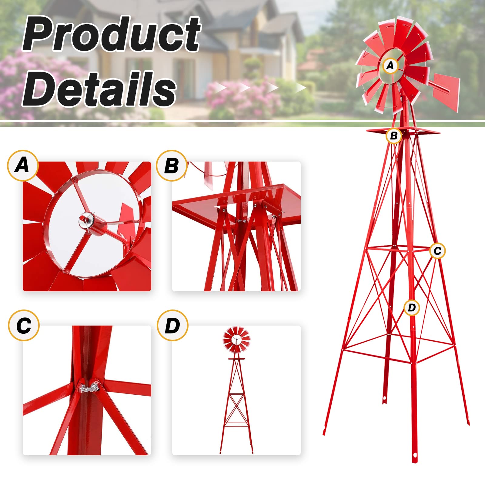 Crownland 8FT Ornamental Windmill Backyard Garden Decoration Weather Vane,  Heavy Duty Metal Wind Mill Weather Resistant 4 Legs Design (Red)