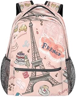 Mochilas para meninos e meninas Mochila escolar com vários bolsos Paris Torre Eiffel impermeável com alça de ombro ajustável para viagens, caminhadas, acampamento, Multi, Medium