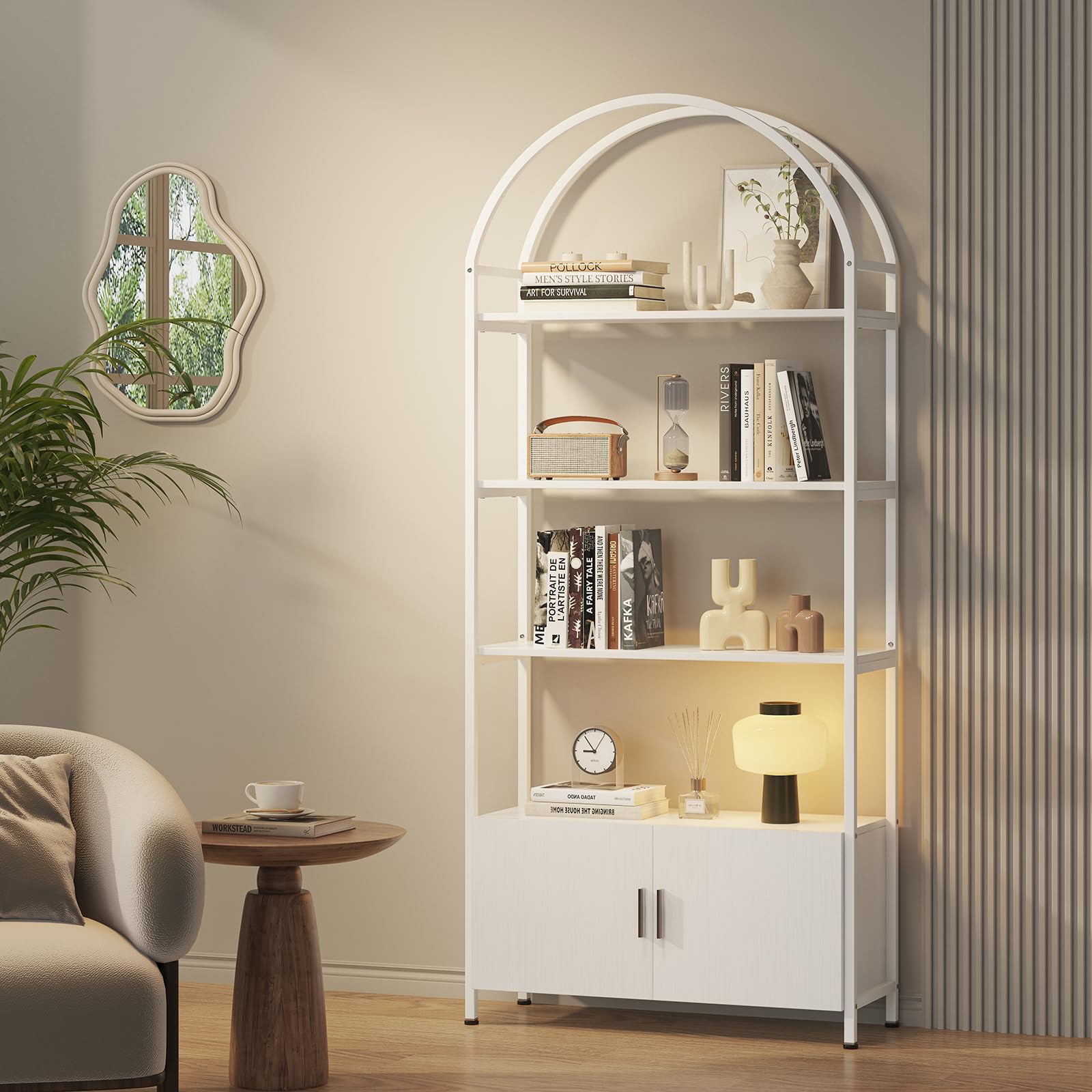Saudism Arched Bookshelf with Doors, 71" Tall Industrial Bookcase with Sturdy Metal Frame, Freestanding Display Shelving Unit, White Geometric Book