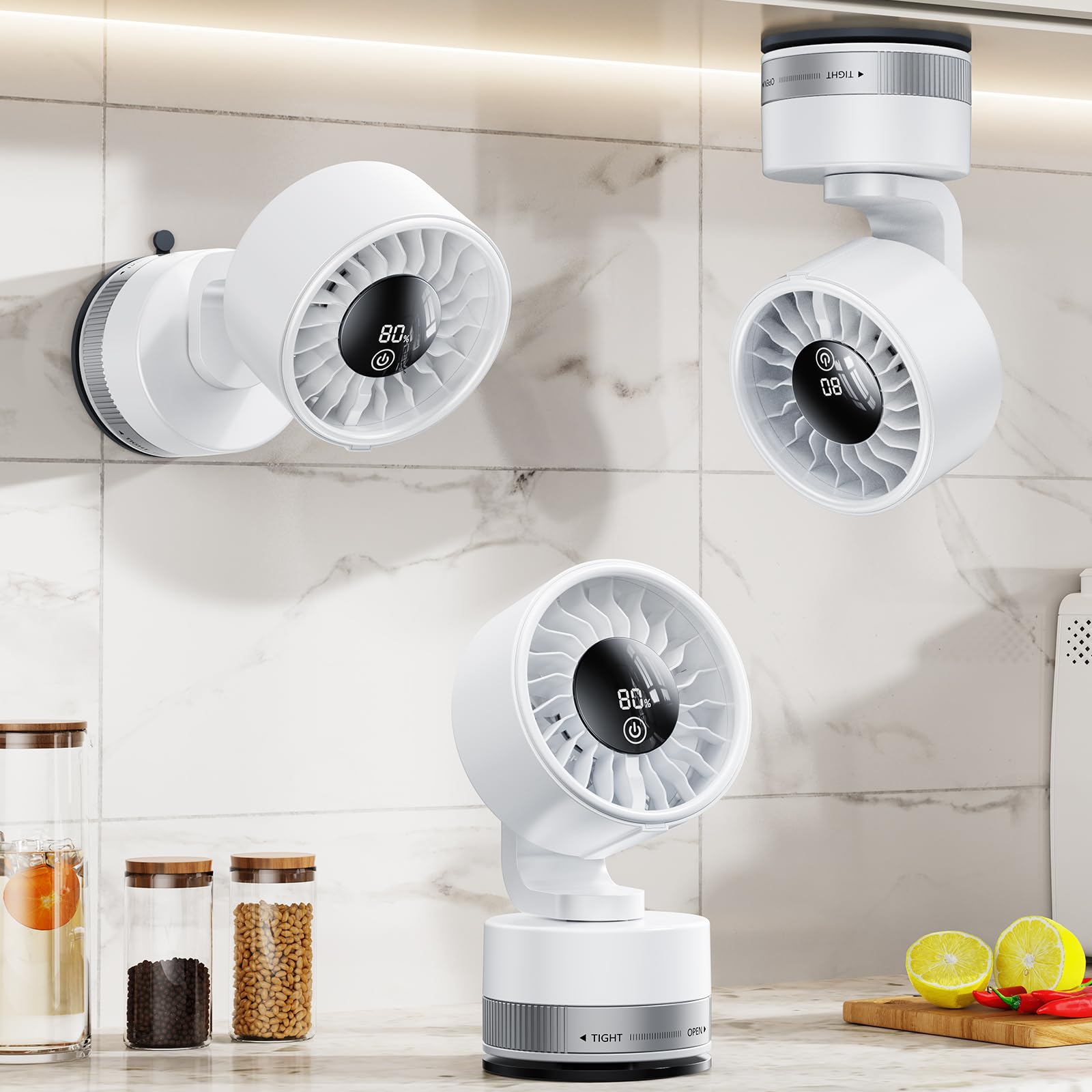 WISFISSH Rechargeable Suction Cup Fan with LED Display, Multi-angle Adjustable Battery Operated Wall Fan, 5 Speeds Personal Cooling Fan for Kitchen Bathroom Vanity Mirror Treadmill Desk - White